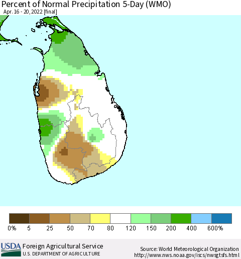 Sri Lanka Percent of Normal Precipitation 5-Day (WMO) Thematic Map For 4/16/2022 - 4/20/2022