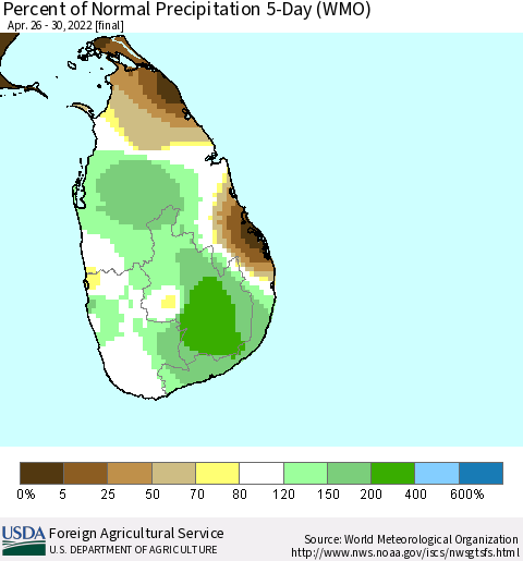 Sri Lanka Percent of Normal Precipitation 5-Day (WMO) Thematic Map For 4/26/2022 - 4/30/2022
