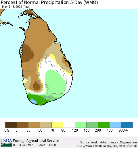 Sri Lanka Percent of Normal Precipitation 5-Day (WMO) Thematic Map For 5/1/2022 - 5/5/2022