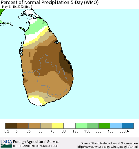 Sri Lanka Percent of Normal Precipitation 5-Day (WMO) Thematic Map For 5/6/2022 - 5/10/2022
