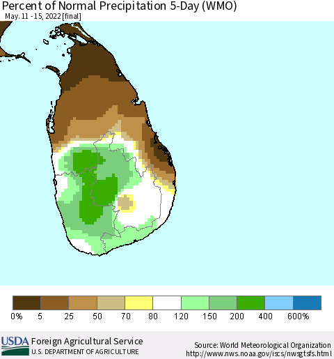 Sri Lanka Percent of Normal Precipitation 5-Day (WMO) Thematic Map For 5/11/2022 - 5/15/2022