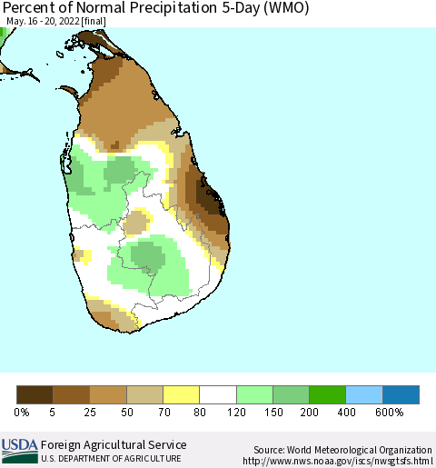 Sri Lanka Percent of Normal Precipitation 5-Day (WMO) Thematic Map For 5/16/2022 - 5/20/2022