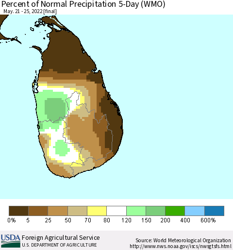 Sri Lanka Percent of Normal Precipitation 5-Day (WMO) Thematic Map For 5/21/2022 - 5/25/2022