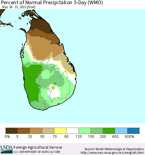 Sri Lanka Percent of Normal Precipitation 5-Day (WMO) Thematic Map For 5/26/2022 - 5/31/2022