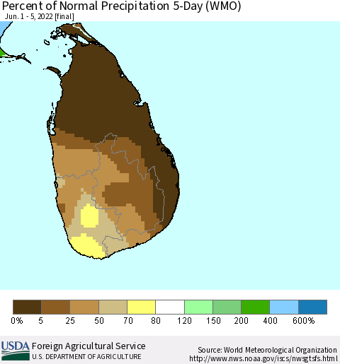 Sri Lanka Percent of Normal Precipitation 5-Day (WMO) Thematic Map For 6/1/2022 - 6/5/2022