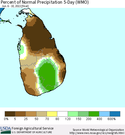 Sri Lanka Percent of Normal Precipitation 5-Day (WMO) Thematic Map For 6/6/2022 - 6/10/2022