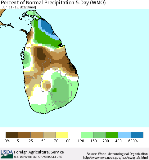 Sri Lanka Percent of Normal Precipitation 5-Day (WMO) Thematic Map For 6/11/2022 - 6/15/2022