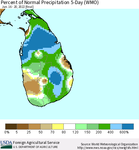 Sri Lanka Percent of Normal Precipitation 5-Day (WMO) Thematic Map For 6/16/2022 - 6/20/2022