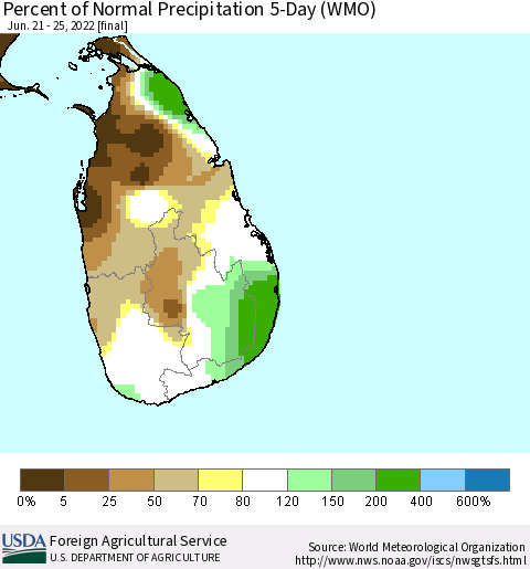 Sri Lanka Percent of Normal Precipitation 5-Day (WMO) Thematic Map For 6/21/2022 - 6/25/2022