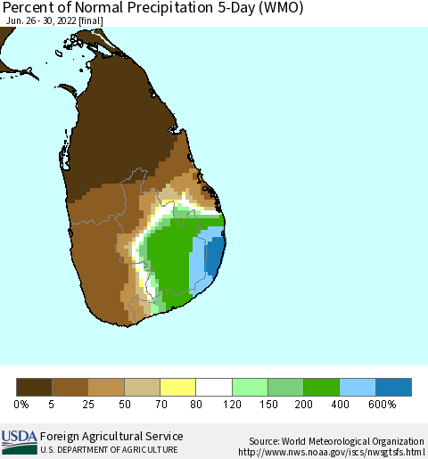 Sri Lanka Percent of Normal Precipitation 5-Day (WMO) Thematic Map For 6/26/2022 - 6/30/2022