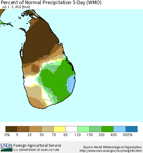 Sri Lanka Percent of Normal Precipitation 5-Day (WMO) Thematic Map For 7/1/2022 - 7/5/2022