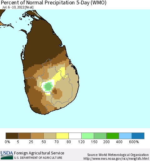 Sri Lanka Percent of Normal Precipitation 5-Day (WMO) Thematic Map For 7/6/2022 - 7/10/2022