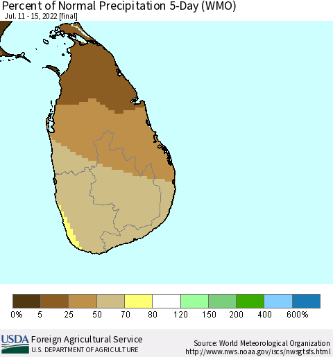 Sri Lanka Percent of Normal Precipitation 5-Day (WMO) Thematic Map For 7/11/2022 - 7/15/2022