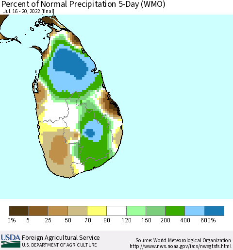 Sri Lanka Percent of Normal Precipitation 5-Day (WMO) Thematic Map For 7/16/2022 - 7/20/2022