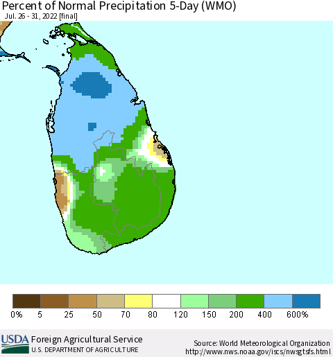 Sri Lanka Percent of Normal Precipitation 5-Day (WMO) Thematic Map For 7/26/2022 - 7/31/2022