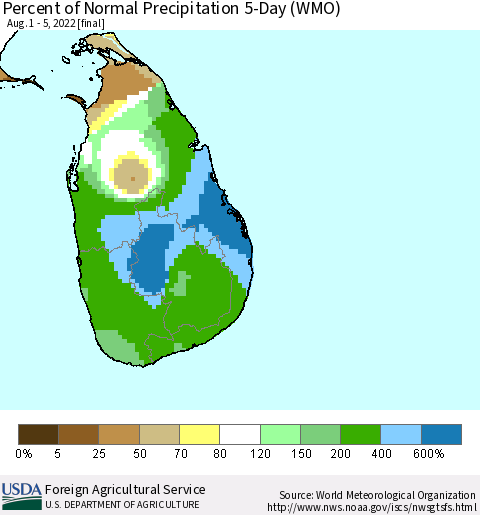 Sri Lanka Percent of Normal Precipitation 5-Day (WMO) Thematic Map For 8/1/2022 - 8/5/2022