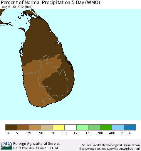 Sri Lanka Percent of Normal Precipitation 5-Day (WMO) Thematic Map For 8/6/2022 - 8/10/2022