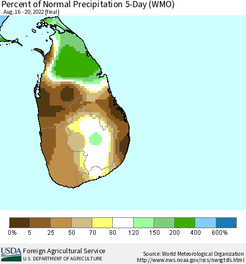 Sri Lanka Percent of Normal Precipitation 5-Day (WMO) Thematic Map For 8/16/2022 - 8/20/2022