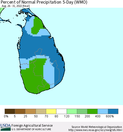 Sri Lanka Percent of Normal Precipitation 5-Day (WMO) Thematic Map For 8/26/2022 - 8/31/2022