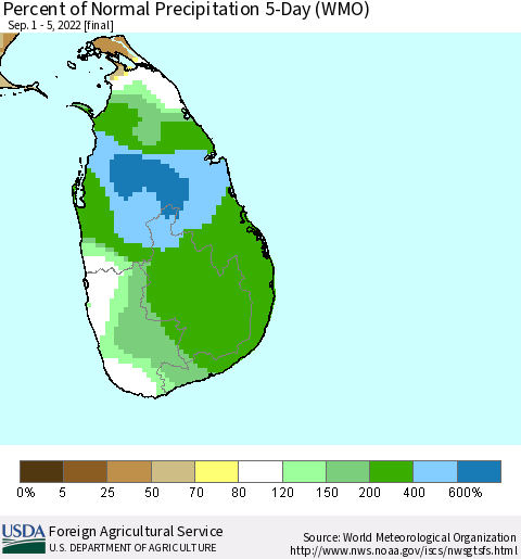 Sri Lanka Percent of Normal Precipitation 5-Day (WMO) Thematic Map For 9/1/2022 - 9/5/2022