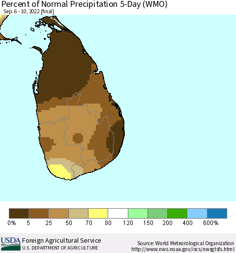 Sri Lanka Percent of Normal Precipitation 5-Day (WMO) Thematic Map For 9/6/2022 - 9/10/2022