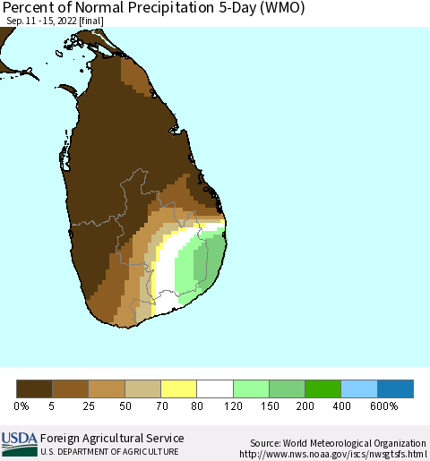 Sri Lanka Percent of Normal Precipitation 5-Day (WMO) Thematic Map For 9/11/2022 - 9/15/2022