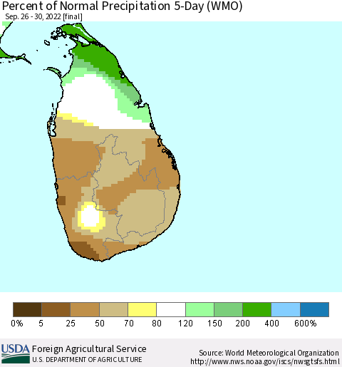 Sri Lanka Percent of Normal Precipitation 5-Day (WMO) Thematic Map For 9/26/2022 - 9/30/2022