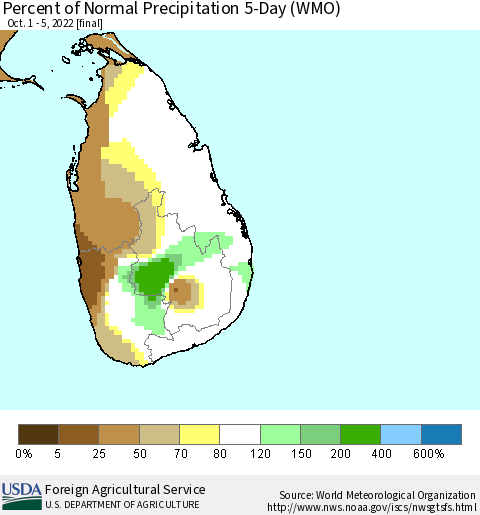 Sri Lanka Percent of Normal Precipitation 5-Day (WMO) Thematic Map For 10/1/2022 - 10/5/2022
