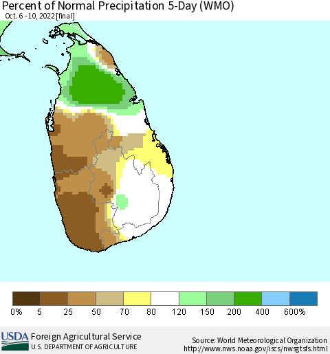 Sri Lanka Percent of Normal Precipitation 5-Day (WMO) Thematic Map For 10/6/2022 - 10/10/2022