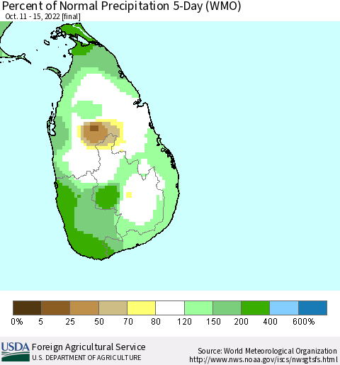 Sri Lanka Percent of Normal Precipitation 5-Day (WMO) Thematic Map For 10/11/2022 - 10/15/2022