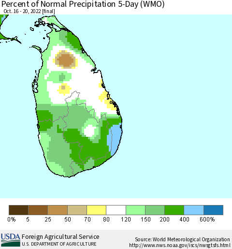 Sri Lanka Percent of Normal Precipitation 5-Day (WMO) Thematic Map For 10/16/2022 - 10/20/2022
