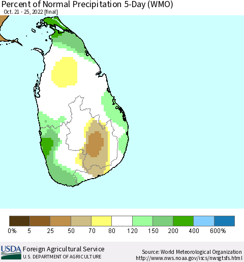 Sri Lanka Percent of Normal Precipitation 5-Day (WMO) Thematic Map For 10/21/2022 - 10/25/2022