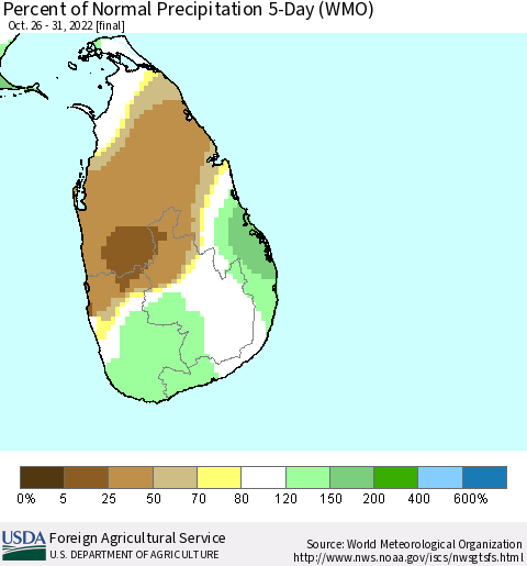 Sri Lanka Percent of Normal Precipitation 5-Day (WMO) Thematic Map For 10/26/2022 - 10/31/2022