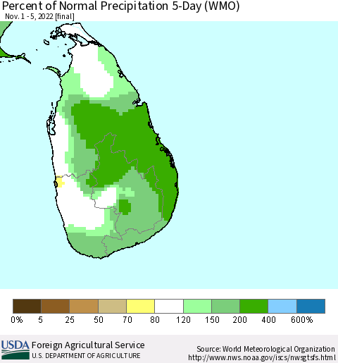Sri Lanka Percent of Normal Precipitation 5-Day (WMO) Thematic Map For 11/1/2022 - 11/5/2022