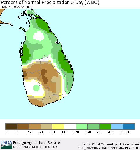 Sri Lanka Percent of Normal Precipitation 5-Day (WMO) Thematic Map For 11/6/2022 - 11/10/2022