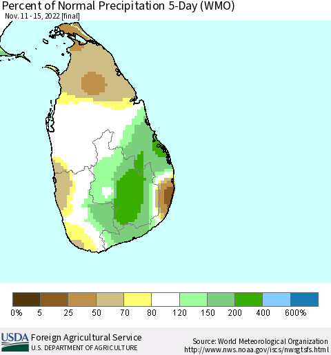 Sri Lanka Percent of Normal Precipitation 5-Day (WMO) Thematic Map For 11/11/2022 - 11/15/2022