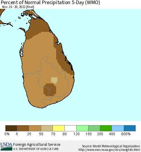 Sri Lanka Percent of Normal Precipitation 5-Day (WMO) Thematic Map For 11/16/2022 - 11/20/2022