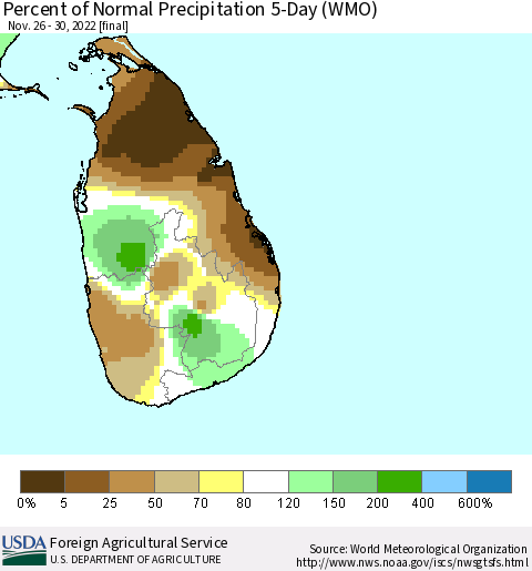 Sri Lanka Percent of Normal Precipitation 5-Day (WMO) Thematic Map For 11/26/2022 - 11/30/2022
