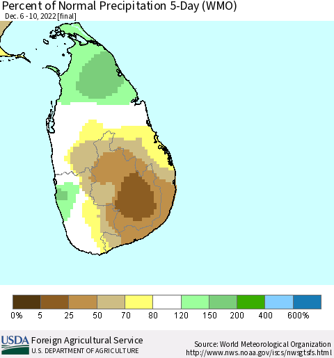Sri Lanka Percent of Normal Precipitation 5-Day (WMO) Thematic Map For 12/6/2022 - 12/10/2022