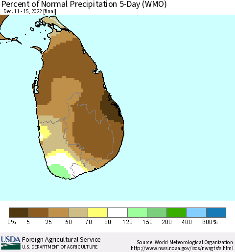 Sri Lanka Percent of Normal Precipitation 5-Day (WMO) Thematic Map For 12/11/2022 - 12/15/2022