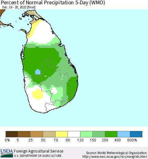 Sri Lanka Percent of Normal Precipitation 5-Day (WMO) Thematic Map For 12/16/2022 - 12/20/2022