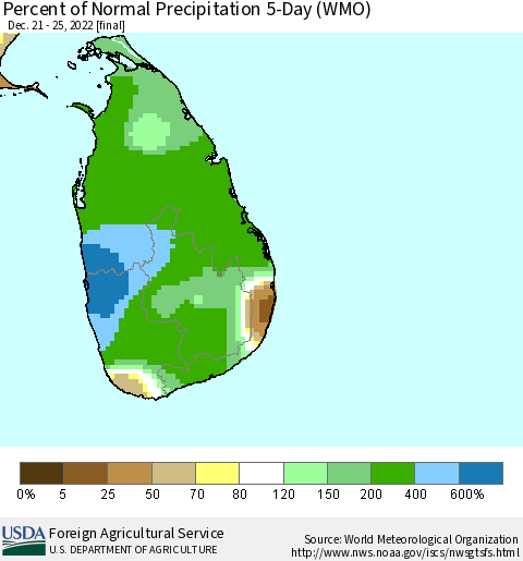 Sri Lanka Percent of Normal Precipitation 5-Day (WMO) Thematic Map For 12/21/2022 - 12/25/2022