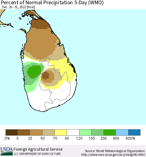 Sri Lanka Percent of Normal Precipitation 5-Day (WMO) Thematic Map For 12/26/2022 - 12/31/2022