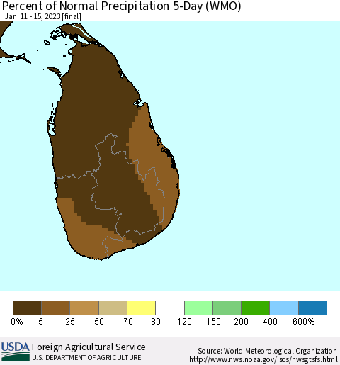 Sri Lanka Percent of Normal Precipitation 5-Day (WMO) Thematic Map For 1/11/2023 - 1/15/2023