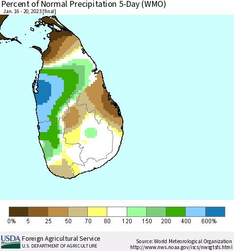 Sri Lanka Percent of Normal Precipitation 5-Day (WMO) Thematic Map For 1/16/2023 - 1/20/2023