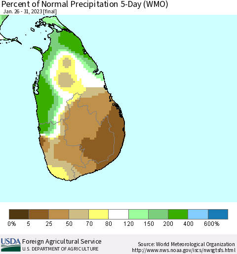 Sri Lanka Percent of Normal Precipitation 5-Day (WMO) Thematic Map For 1/26/2023 - 1/31/2023