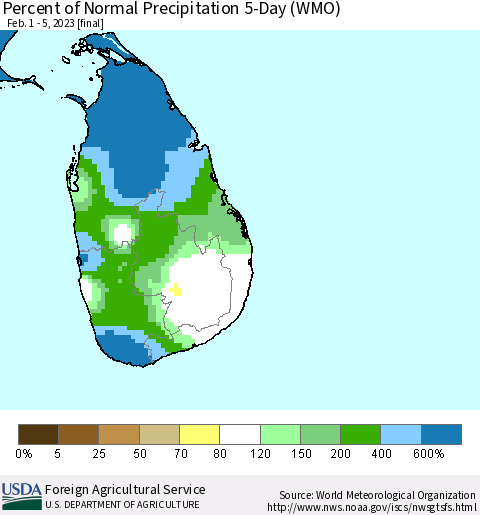 Sri Lanka Percent of Normal Precipitation 5-Day (WMO) Thematic Map For 2/1/2023 - 2/5/2023