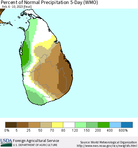 Sri Lanka Percent of Normal Precipitation 5-Day (WMO) Thematic Map For 2/6/2023 - 2/10/2023