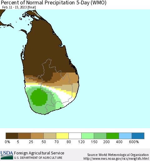 Sri Lanka Percent of Normal Precipitation 5-Day (WMO) Thematic Map For 2/11/2023 - 2/15/2023