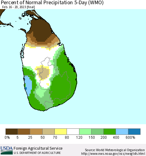 Sri Lanka Percent of Normal Precipitation 5-Day (WMO) Thematic Map For 2/16/2023 - 2/20/2023